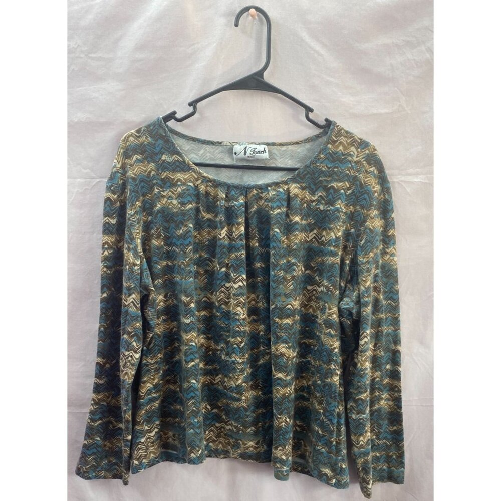 N Touch Women's Petite Size XL Long Sleeve Brown & Teal zig-zag  Pullover Shirt